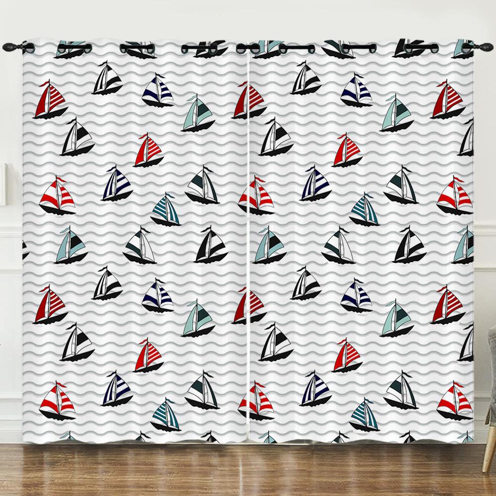 Curtains Cartoon Sailing Digital Printing Blackout Curtains Bedroom No Punching