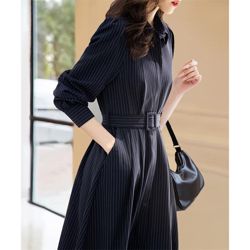 DME Women s Stand-Collar Belted A-Line Midi Shirt Dress S