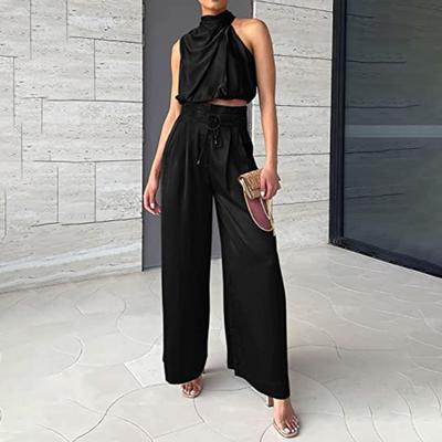 2 pezzi/set da donna Cro Top Pantaloni Set Senza Maniche Collo Alto Plissettato Corto Top Tinta Unita Coulisse Vita Alta Gamba Larga Pantaloni Larghi Set