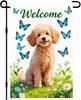 IVN Spring Garden Ag 12x18 Inch Double Sided Poodle Ag Puppy with Blue Butteries Welcome Outdoor Yard Ag for Outside
