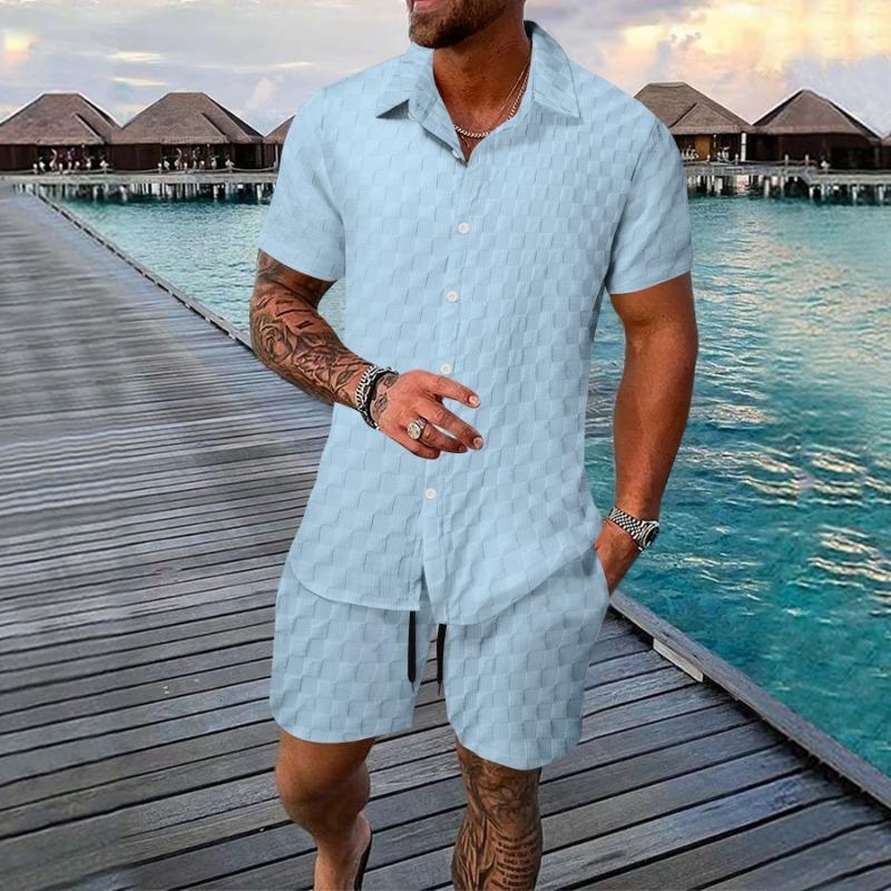 Mens Casual Checkered Short Sleeve Shirt And Shorts Two Piece Set
