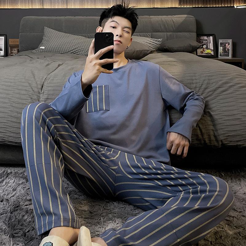 spring Autumn Leisure loose young Boys Sleepwear Men's Pajamas Set Stripe Long Sleeve Nightwear Pijama Home Wear y2k men Clothes