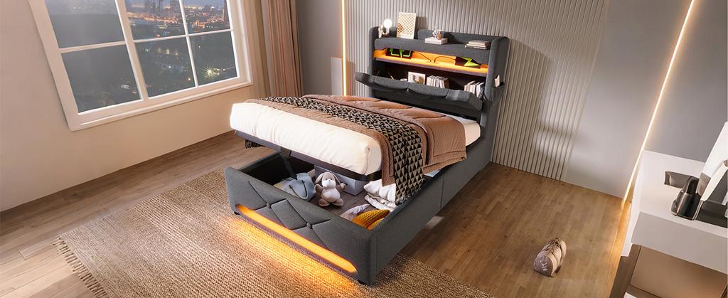 Upholstered Single Bed 90*200, Storage Headboard with USB, Type-C Port, 360 LED Around Head and Foot, Hydraulic Storage, Gray Linen (without Mattress)