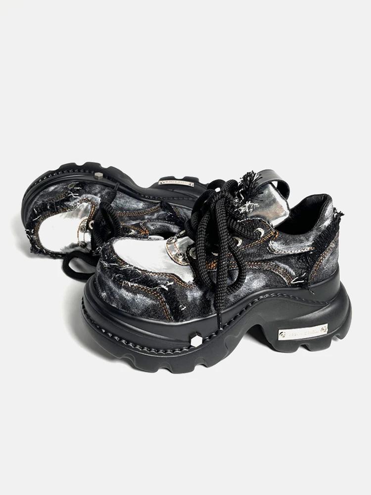 Fashion Women's Punk Style Leather Shoes Lace-up Heel Height 8CM Platform Female Gothic Ankle Boots PU Biker Boots Thick Bottom Sneakers