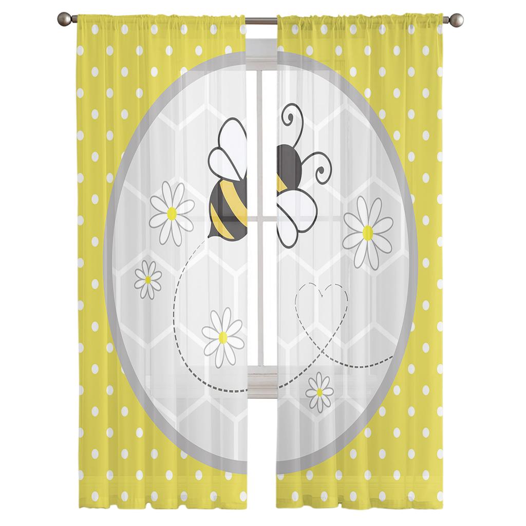 Yellow Polka Dot Background Bee Daisy Hive Sheer Curtains for Living Room Modern Bedroom Voile Tulle Curtain Window Drapes