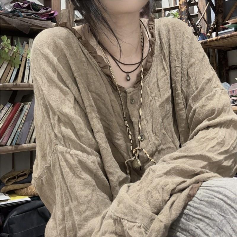 Johnature Women Vintage Shirts Tops Long Sleeve Chinese Style Blouses Button Solid Color Women Shirts