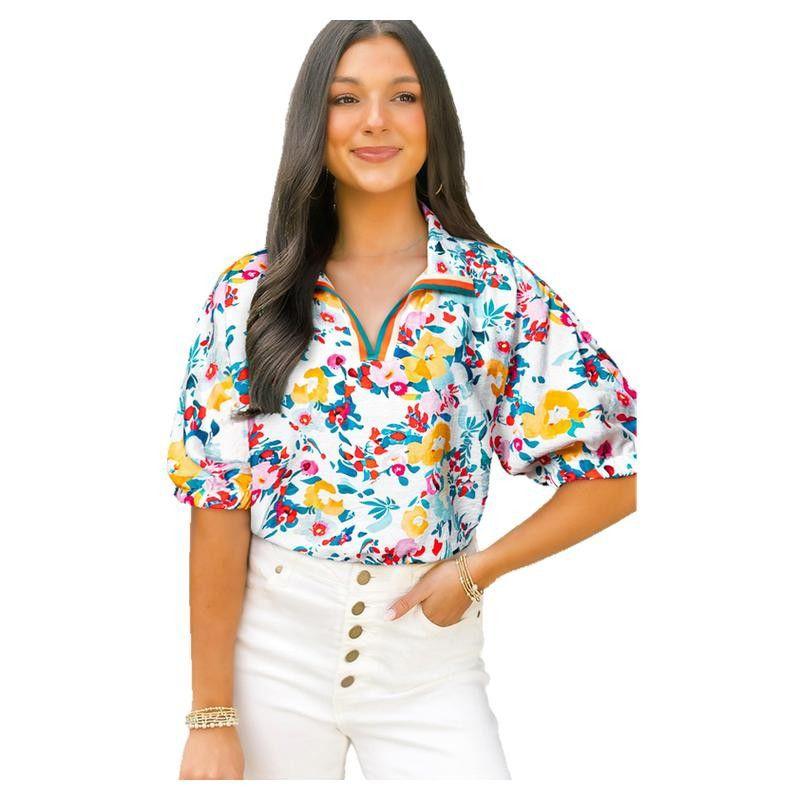 

2025 Лето Новая Пуловер V-образный вырез Короткий рукав Топ Женский Европейский и Американский Стиль Нишевый Принт Повседневные Дышащие Рубашки-пуловеры Light blue P405 Size XL fit (70.00 kg-75.00 kg