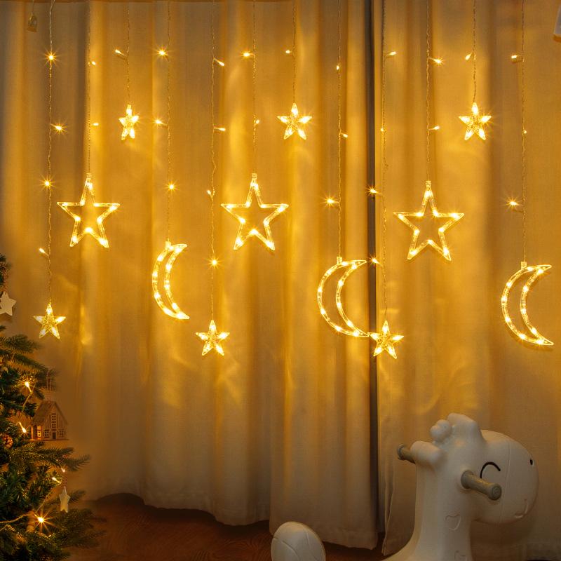 Solar LED Star and Moon String Lights: Outdoor Holiday Decorative Curtain for Courtyard & Camping Standard Plug-in, End Plug, Connectable, 8 Modes