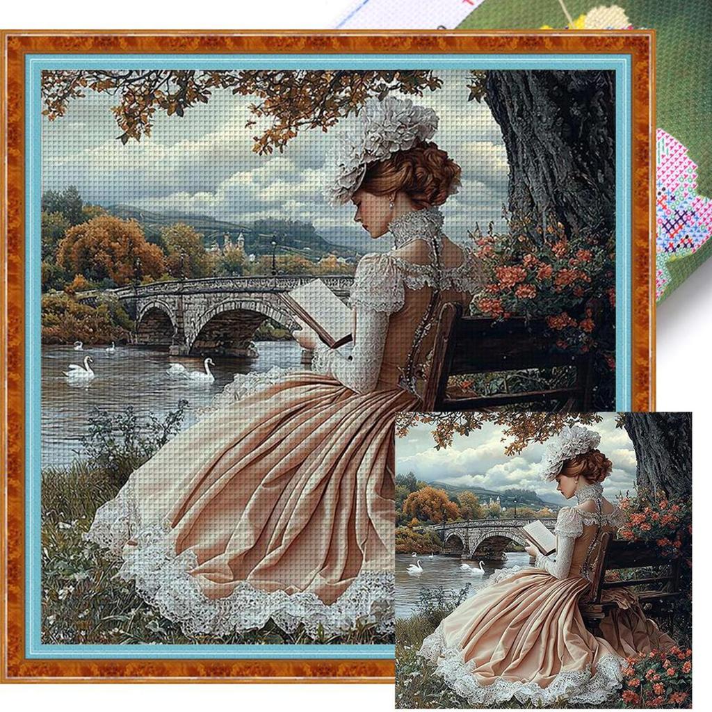 Kit Punto Croce Ricamo Completo Filo di Cotone 11CT Stampato Ragazza Arte 50x50cm