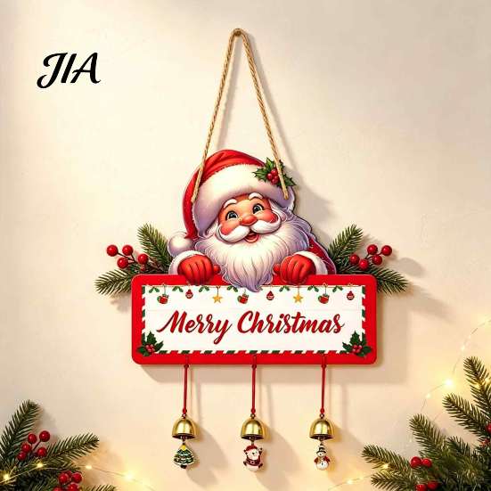 Indoor Holiday Party Supplies Merry Christmas Wooden Wall Door Hanging Sign with Bells, Rustic Santa Snowman Decor Tree Reindeer Decorative