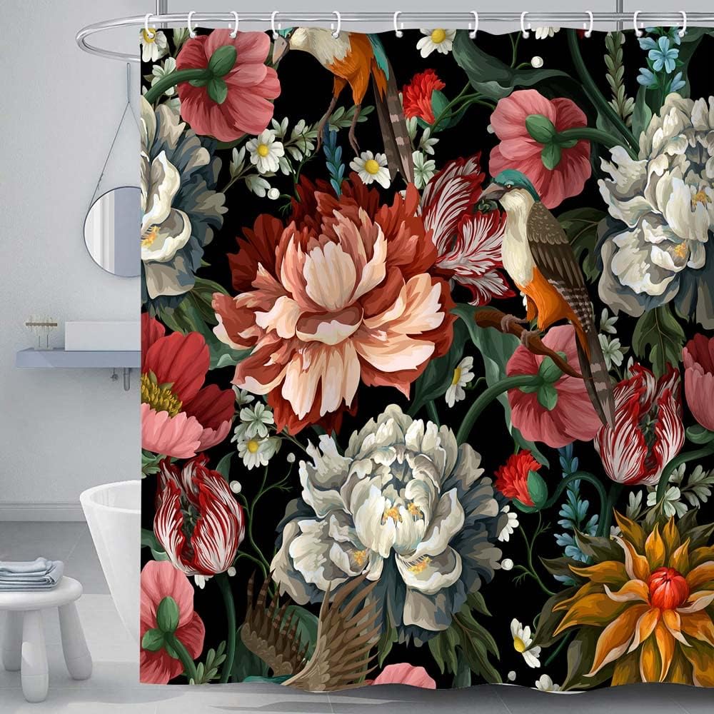 Black Boho Floral Shower Curtain, Unique Colorful Bohemian Mandala Beautiful Dark Flower Leaves Bathroom Curtain, Mid Century Sp