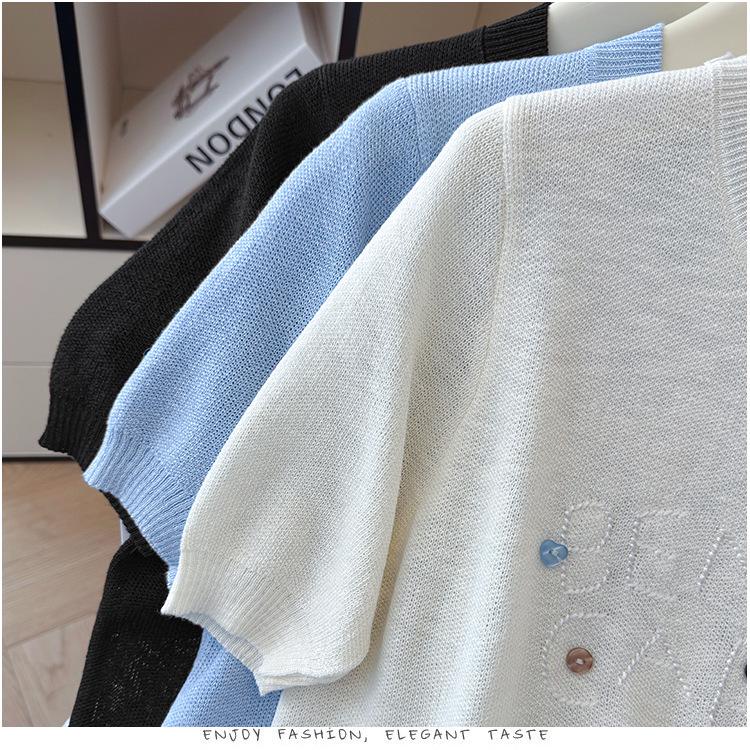 2026 Summer Versatile Embroidered Ice Silk Tencel Knit Women's T-Shirt