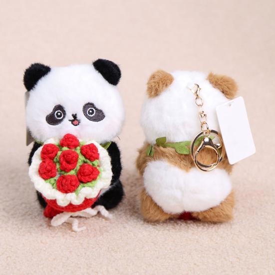 Panda Holding Flowers Keychain Cute Plush Stuffed Animal with Knitted Bouquet