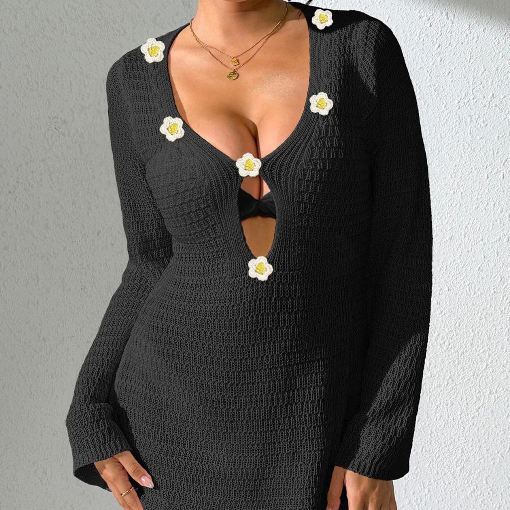 Sexy Deep V Cutout Trumpet Sleeve Beach Cover-up Bikini with Hand-hooked Flower Decoration As An Outer Dress