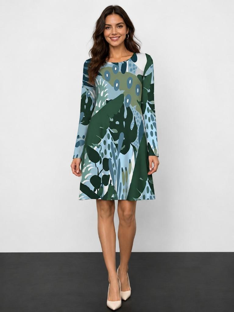 Autumn and winter long-sleeve dress, women's fashion 3D printed dress, casual loose party dress