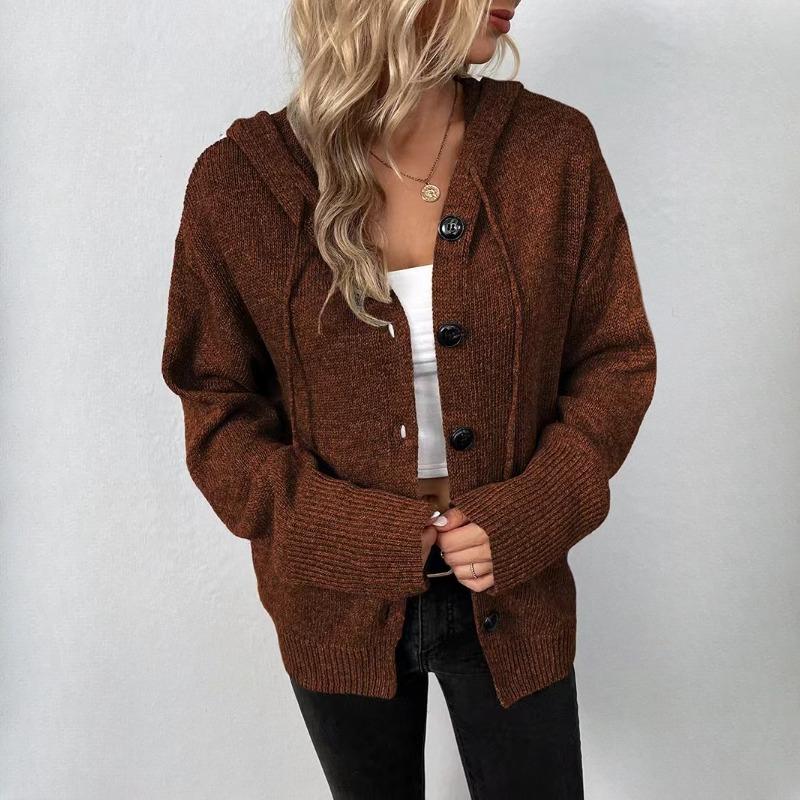 IHUASU Autumn and Winter Drawstring Knit Cardigan Jacket Women's Solid Colour Hooded Single-breasted Jumper