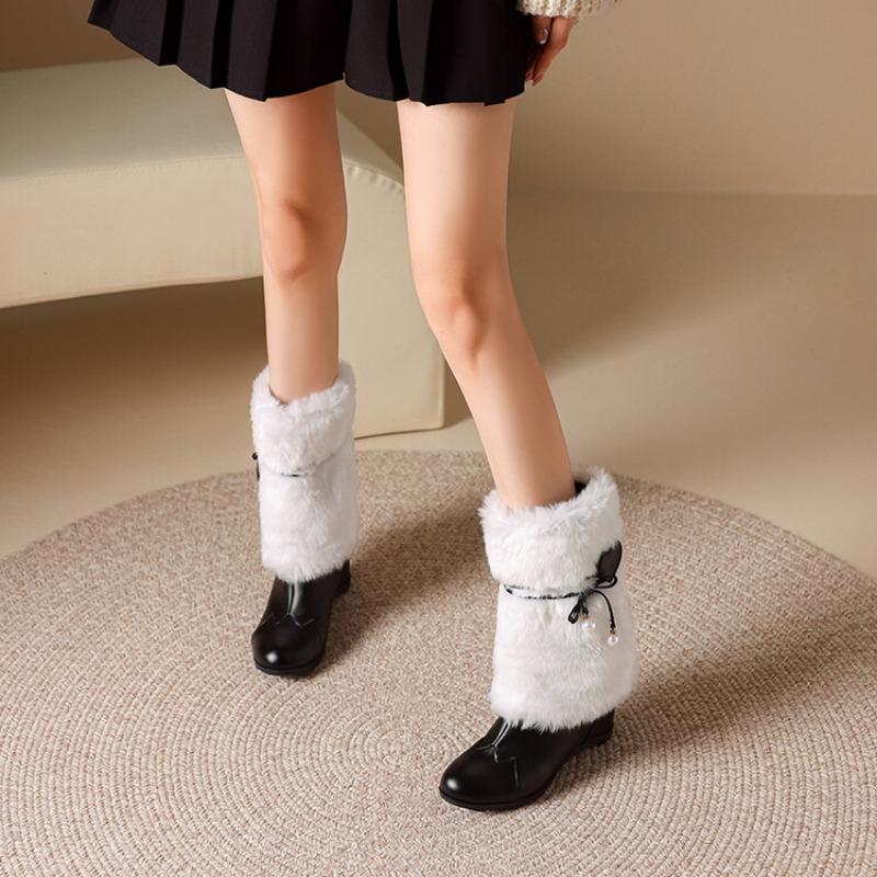 Fashion Plush Boots Black Leather Round Toe Increased Height Inside Mid Length Boots New 6cm Women's Winter Short Boots 35-43