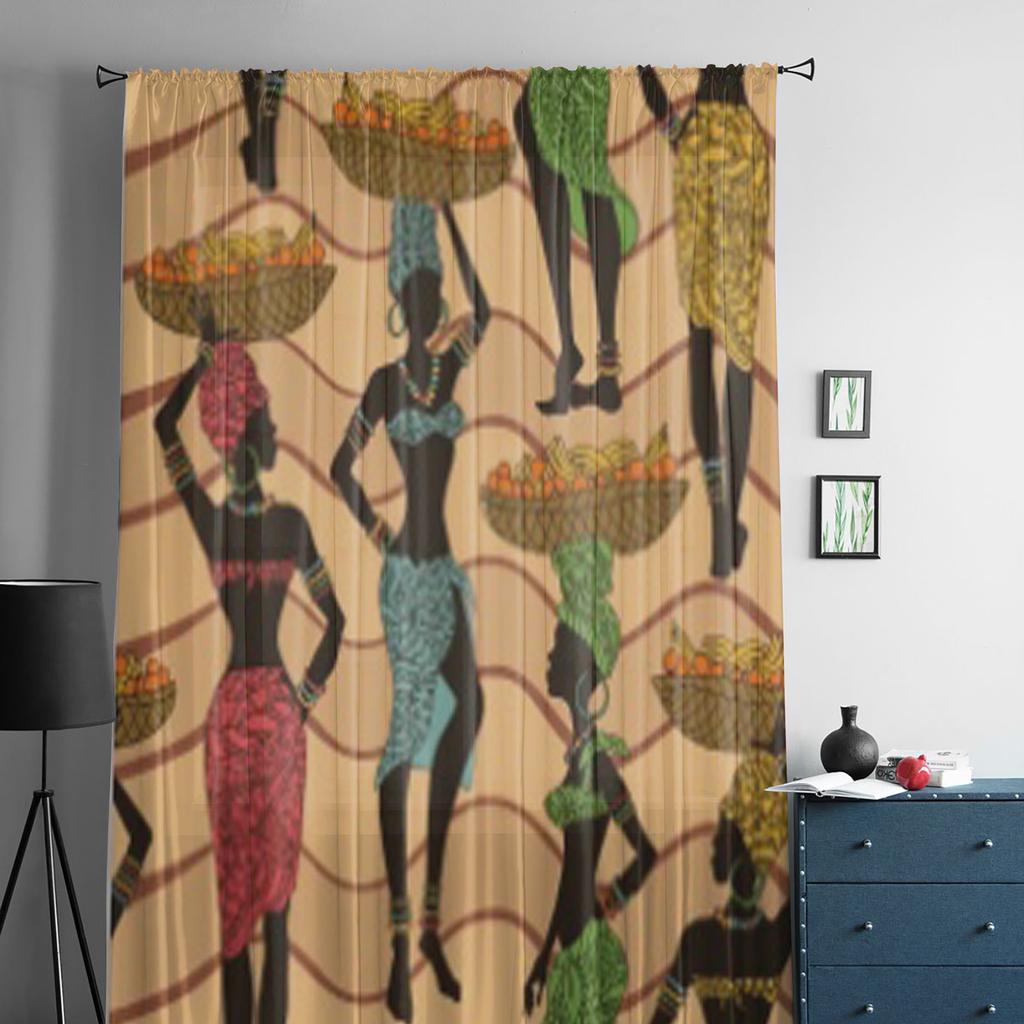 Afrikanische Frauen Straßenhändlerinnen mit Obstkörben auf den Köpfen Tüll Sheer Vorhänge für Wohnzimmerdekoration Voile Organza Vorhang