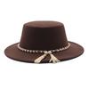 European, American and British Style Retro Fringed Pearl Chain Woolen Felt Hat Wide Brim Top Hat Flat Top Lady Hat Trendy Girl