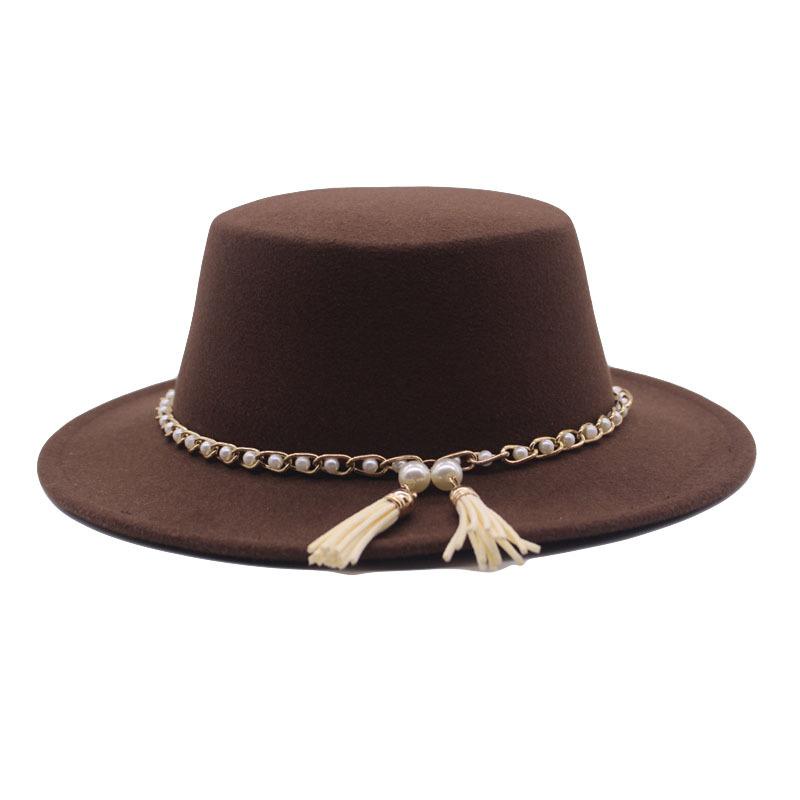 European, American and British Style Retro Fringed Pearl Chain Woolen Felt Hat Wide Brim Top Hat Flat Top Lady Hat Trendy Girl