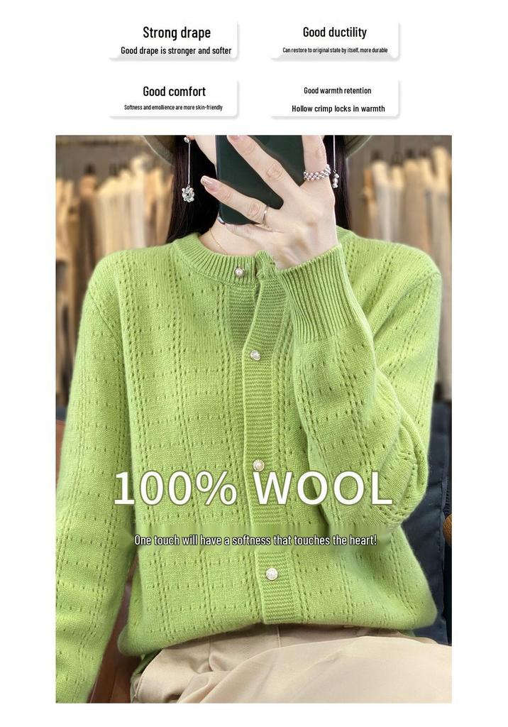 Women's Round Neck Wool Cardigan: Loose Fit, Solid Color, Hollow Long Sleeve - Suitable for Spring, Autumn, and Winter.