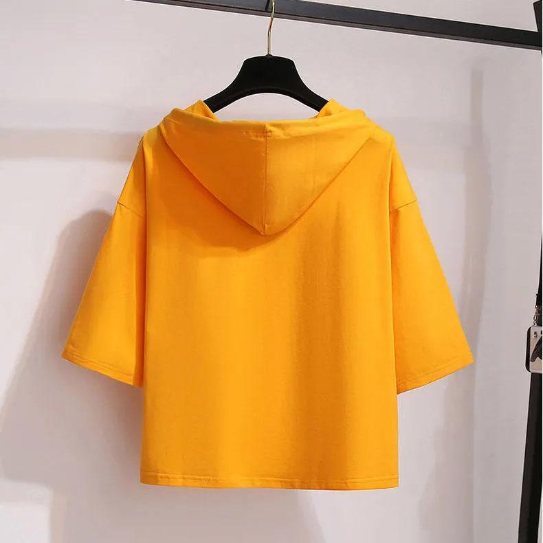 Short Sleeve 7 / 3 Sleeve Hooded Sweater Women's Middle Sleeve Spring and Summer Korean Loose Hooded Top