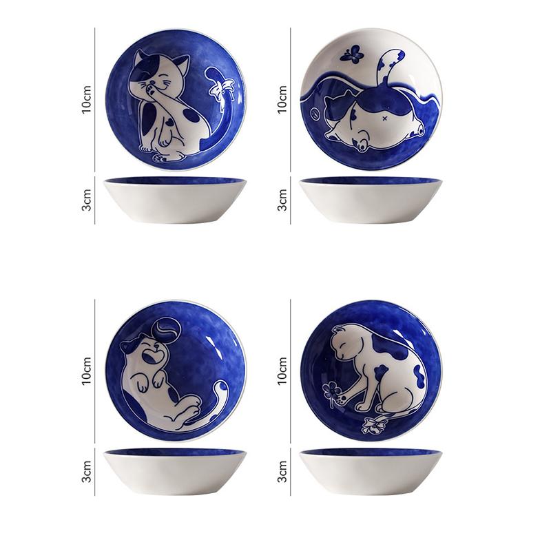 4 STÜCKE Saucengerichte im japanischen Stil Sushi-Teller Geschirr Keramik Dessert Kreative niedlichen Cartoon Glückskatze Muster Wassertropfenform Teller