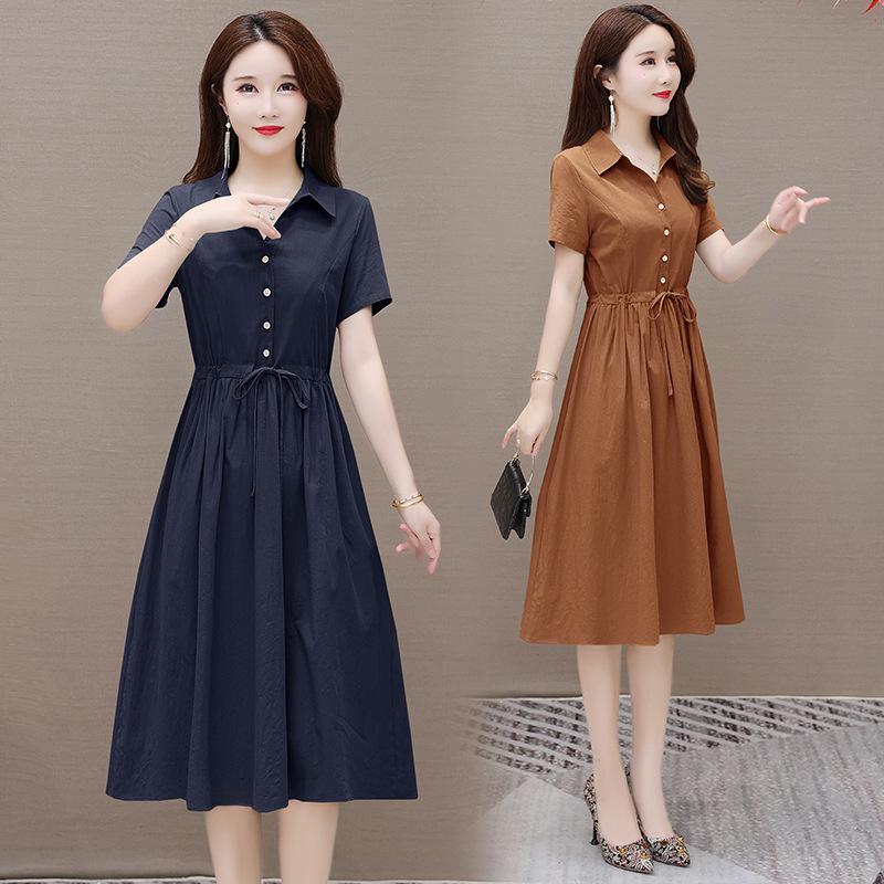 Women's 2023 Summer Solid Color Cotton Linen A-line Dress, Short Sleeve, Casual Slimming Design
