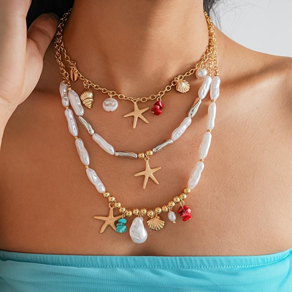 Ornaments Bohemian Shell Necklace Zinc Zinc Alloy Pearl Starfish Beach Pendant Shell Starfish Necklace Beach