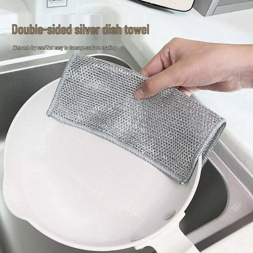 Silver Double-Sided Steel Wool Dishcloth - Non-Stick, Oil-Resistant Scouring Pad for Kitchen Cleaning