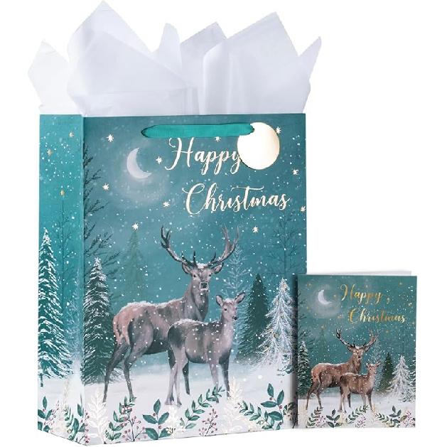 LeZakaa 24PCS Christmas Gift Bags Assortment, White Kraft Paper Gift Bag - Reindeer, Snowman, Santa Claus, Nutcracker and Mouse Soldier, Ballerina - XMAS-16IN-1P-Deer