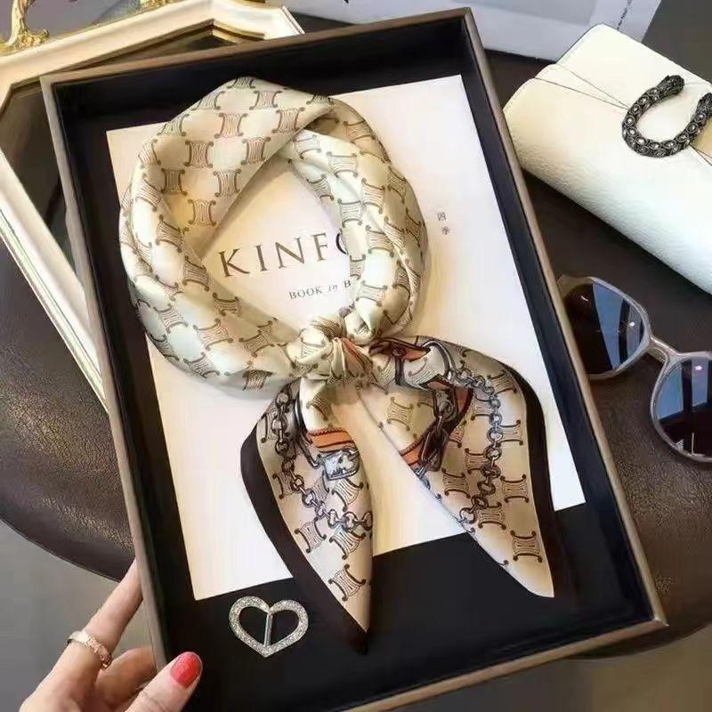 High-End Women's Lightweight Silk Square Scarf - Temperament Print Neckerchief for Neck Protection and Decoration.