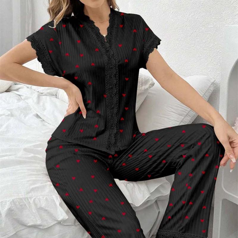 Womens Cherry Print Pajama Set With Water-Soluble Embroidery Trim Short Sleeve Long Pants Loungewear Outfit