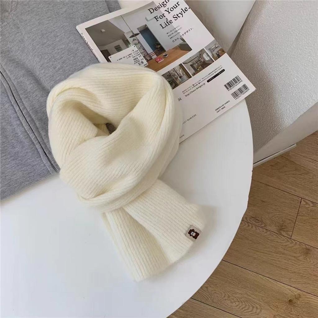 Korean Version Solid Color Versatile Bear Logo Scarf for Women Autumn and Winter Warm Knitted Cute Couple Student Scarf