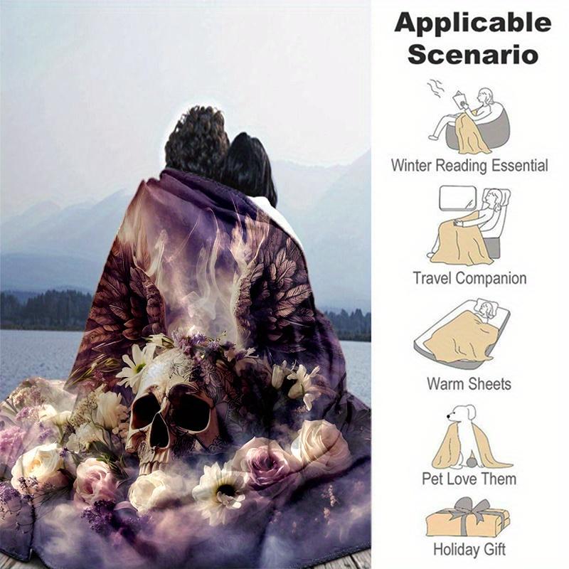 1pc Angel Skull Cartoon Blanket Seasonal Home Decor Gift, Living Room, Travel, Camping, Car Blankets