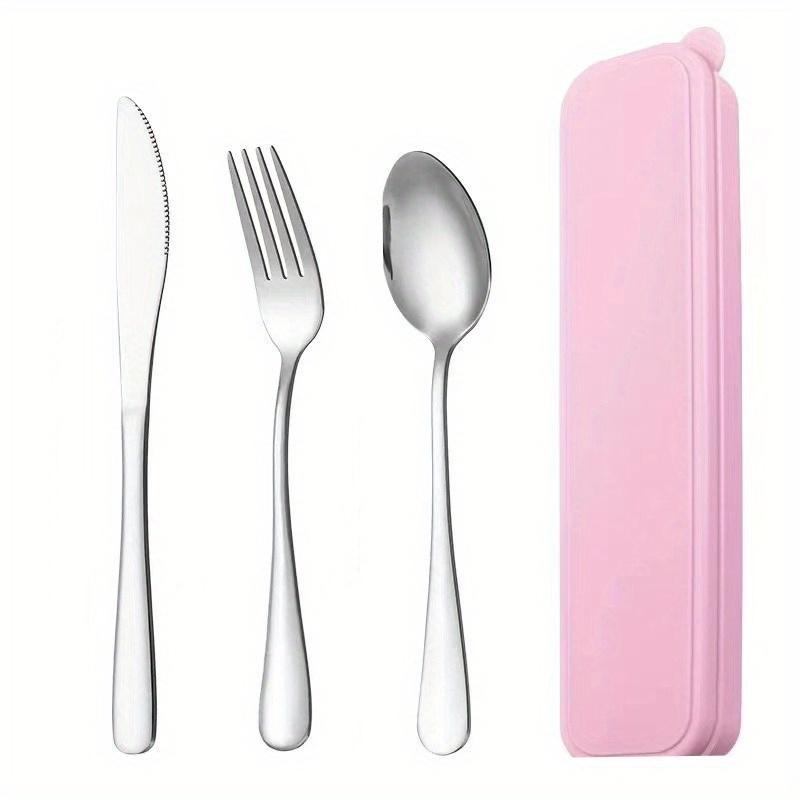 

Набор дорожных принадлежностей из нержавеющей стали из 4 предметов с ножом, вилкой, ложкой и ящиком для хранения, подходит для походов на открытом воздухе розовый