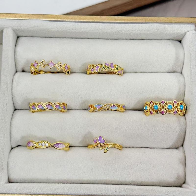 Court Style Retro Sweet Cool Colorful Enamel Drip Glaze Temperament Ring Female Flower Niche Ring