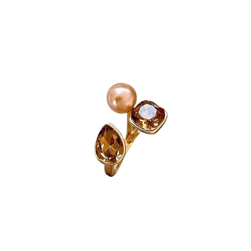 Vintage Open Ring Geometric Crystal Pearl Ring Metal Open Rings Jewelry Party Women's Exquisite Ring