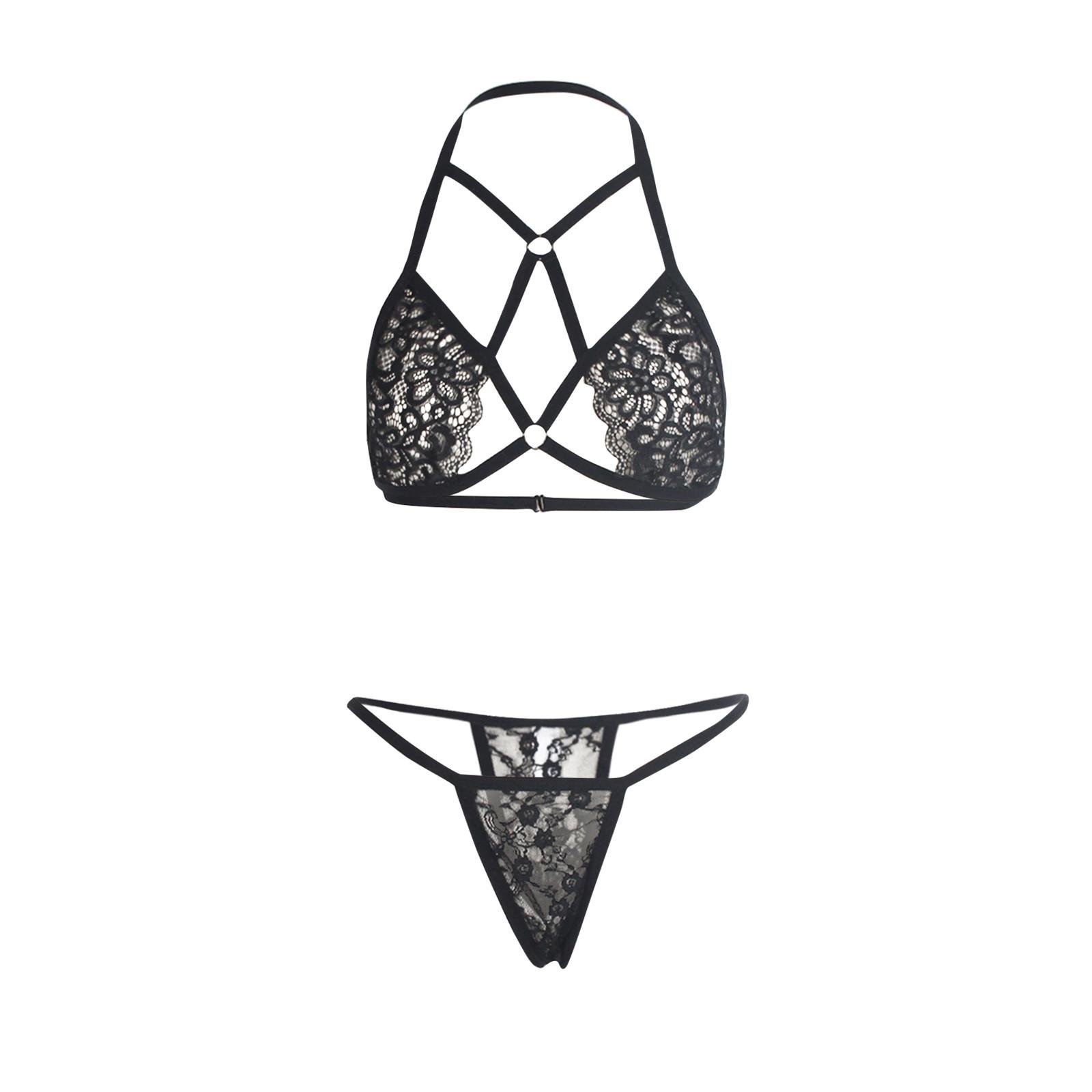 

(SU)Women s Sexy Underwear Solid Lace Two-piece Tight Pajama Underwear Suit