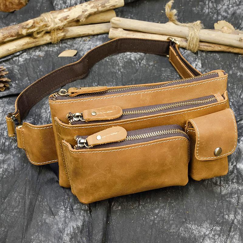 Retro Leather Waist Bag, Men's Crazy Horse Leather Chest Bag, Multifunctional Cowhide Crossbody Bag, Three-layer Cashier Bag
