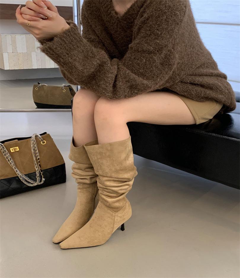 Two-wear Foldable Stacking Boots, Suede High-heeled French Pointed Over-the-knee Boots, Women's Boots, New In Autumn and Winter 2025