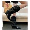 Mode Hohe Absätze Mid-Calf Plissierte Stiefel für Frauen Herbst Winter Braun PU Leder Westernstiefel Frau Dick Absatz Cowgirl Botas Mujer