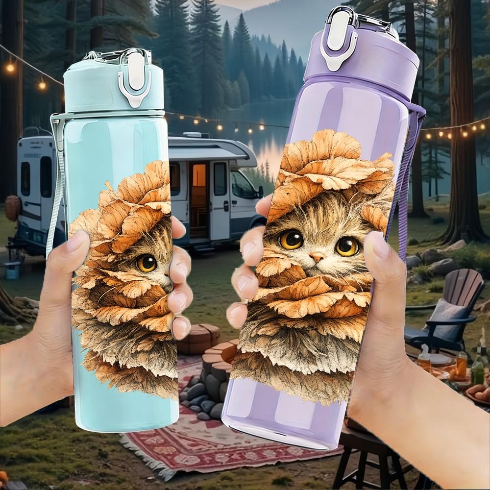 1PC Fluffy Cat Closeup Animal Print 750ml Color Plastic Sports Water Bottle Leakproof Flip Straw Lid Suitable for Sports Office Home Use