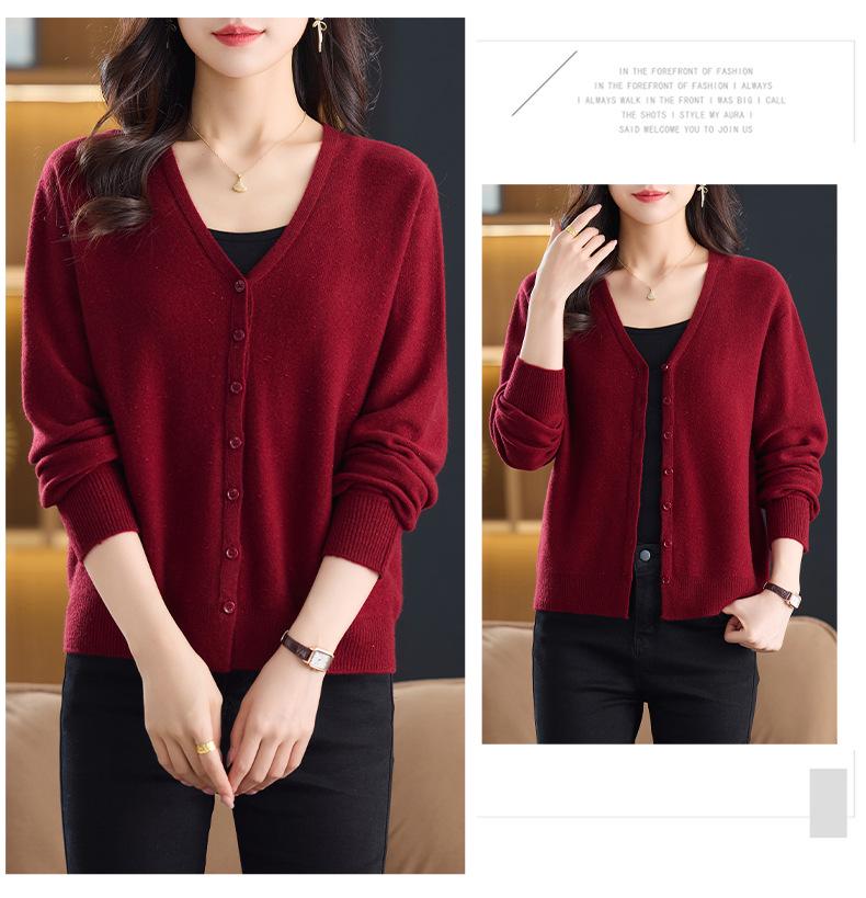 Women's V-Neck Pure Wool Cardigan Sweater - Solid Color, Long Sleeve, Trendy Casual Outerwear.