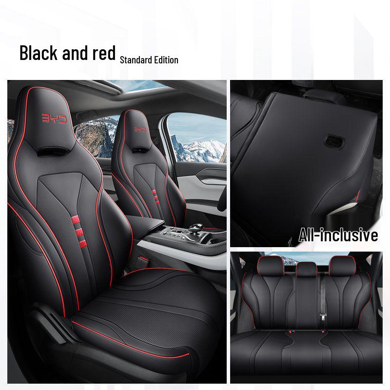 BYD Qin Plus All-Season Seat Cushion & Cover Set with Headrest and Lumbar Support Black-Red Standard