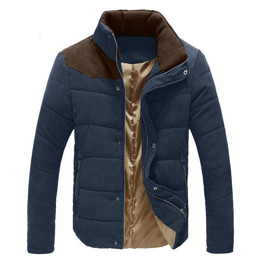 

Мужская зимняя куртка-бомбер с воротником-стойкой и застежкой-молнией цвета персикового кашемира XXL тёмно-синий