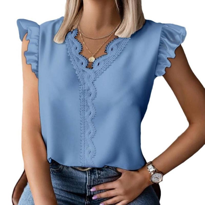 Summer Ruffled Simple V-neck Lace Patchwork Loose Shirt for Women Shirt