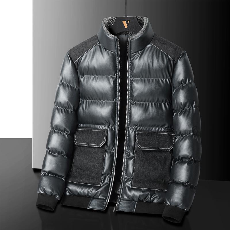 

Зимова чоловіча товста бавовняна куртка приталеного крою зі стоячим коміром та вставками зі штучної шкіри, велика кишеня для чоловічого тепла XXXXXL синій