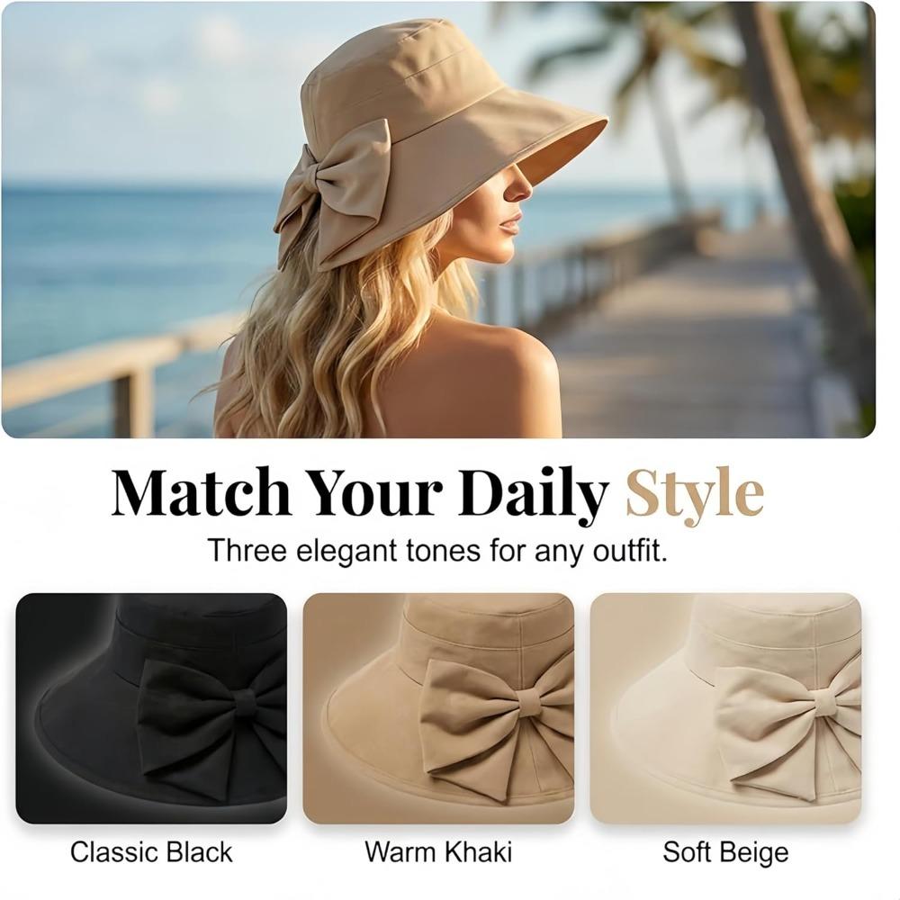 Cappello da Sole a Tesa Larga con Fiocco da Donna – Pieghevole, Protezione UV a 360°, Traspirante, per Viaggi Estivi e Spiaggia