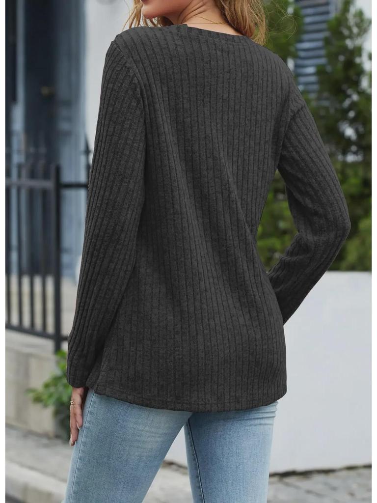 2023 Women's Autumn & Winter V-Neck Button Split Loose Long-Sleeve T-Shirt Top